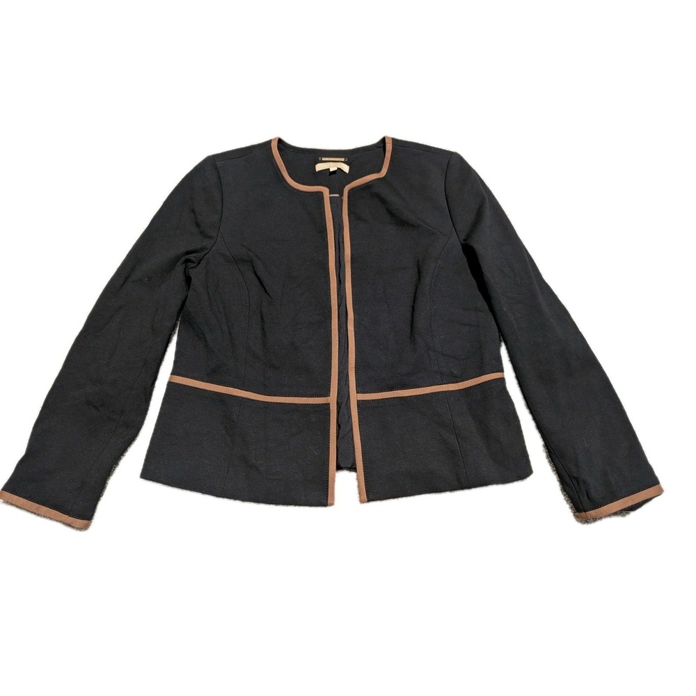 Talbots Tipped Jacket Womens‎ 12 Black Brown Trim Italian Luxe Knit Career